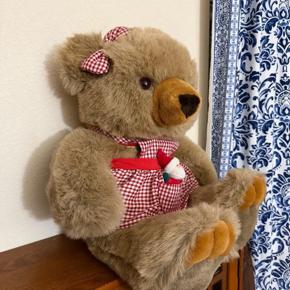 RARE Vtg JC Penny Holiday Collection Bear Large Plush Gingham Apron Christmas